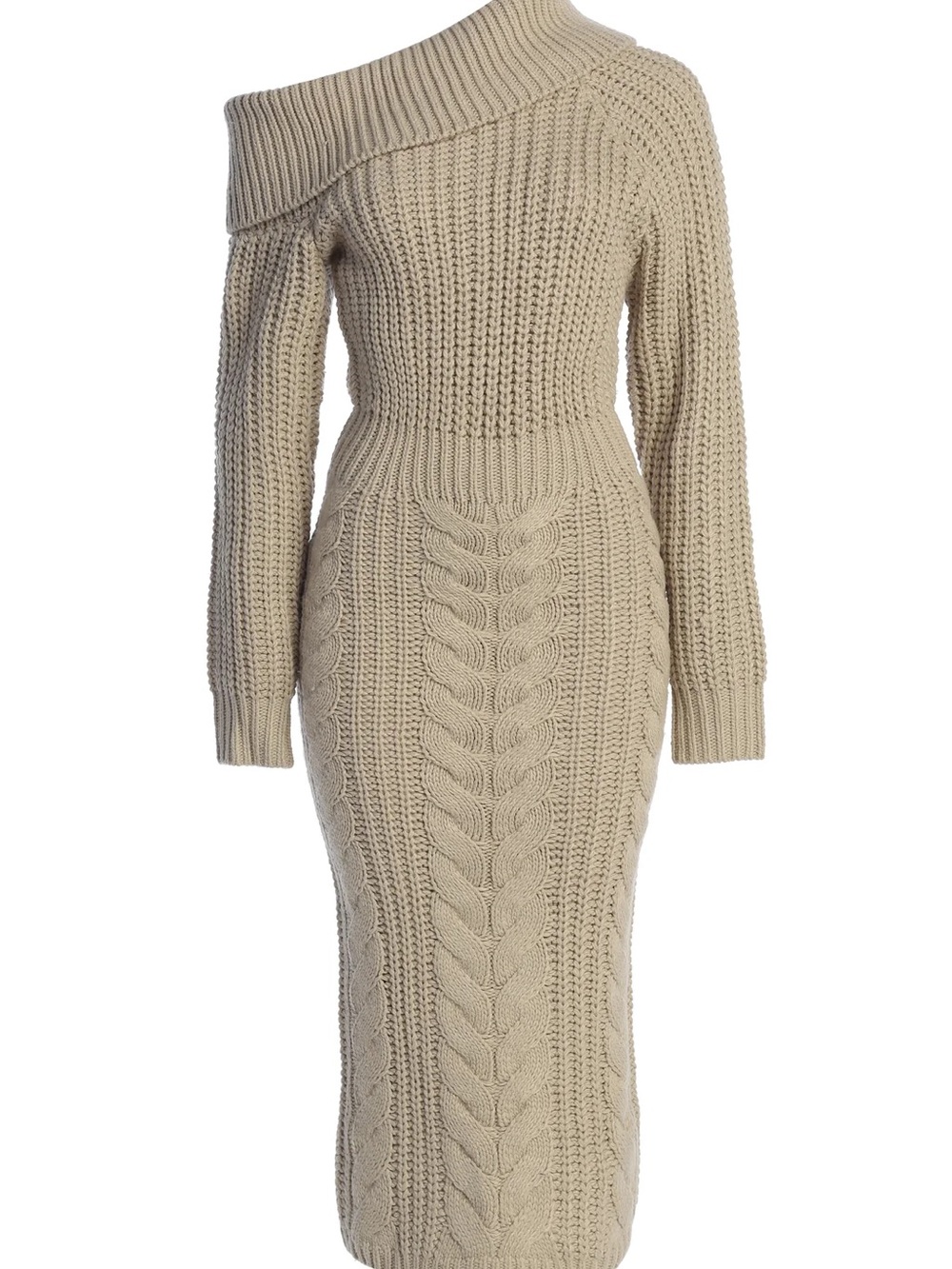 JLUXLABEL One-Shoulder Cable Knit Midi Dress in Beige
